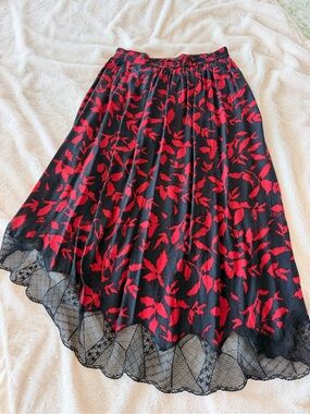 Zadig & Voltaire Red and Black Floral-Jacquard Midi Skirt with Lace Hem